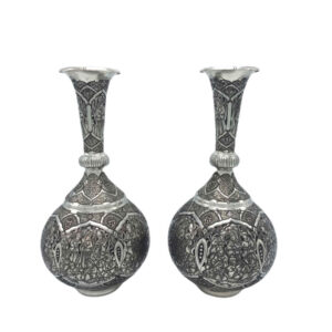 Set of Two Handcrafted Persian Engraved Copper Vases, Featuring the Kian Design with a Stunning Floral Pattern for Single Stems