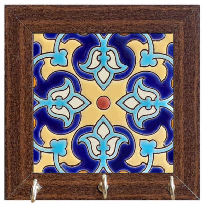 Handcrafted Ceramic Wall Key Holder with Wooden Frame and Persian Tile Design