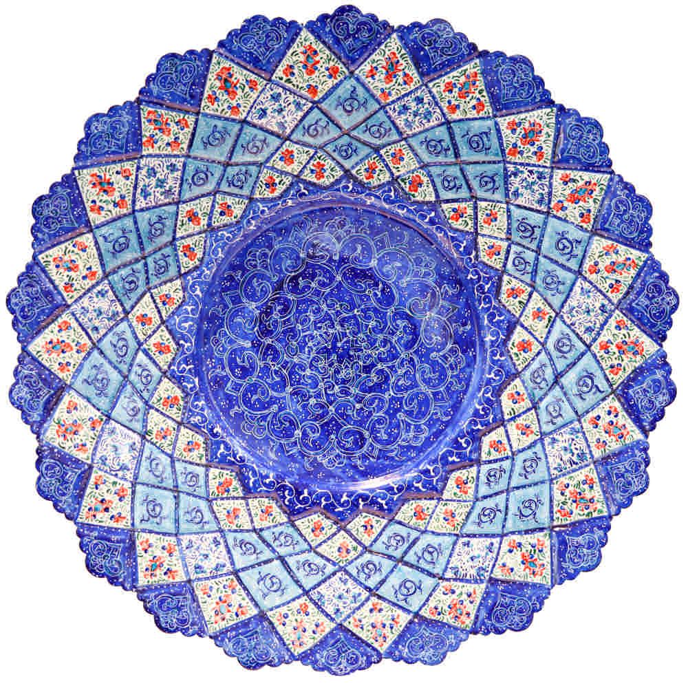 Decorative Copper Bowl & Plate Hand-Painted With Persian Minakari Enamel Azar