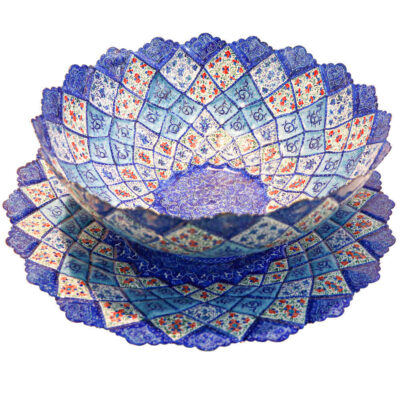 Decorative Copper Bowl & Plate Hand-Painted With Persian Minakari Enamel Azar