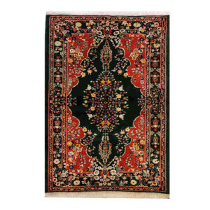 Hand-Knotted Persian Khorasan Tribal Rug (Lachak Toranj Floral Medallion) – Red Silk & Wool