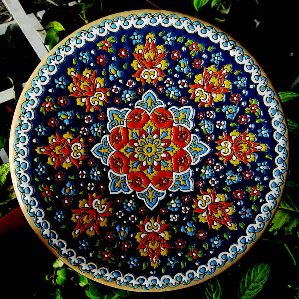 Decorative Pottery Wall Plate Hand-Painted with Persian Minakari Enamel Omid