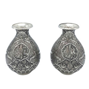 Set of Two Handcrafted Persian Engraved Copper Vases with a Tazhib Design, Featuring a Beautiful Floral Motif for Single Stems