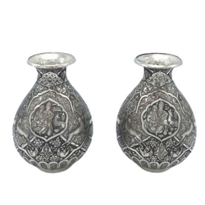 Set of Two Handcrafted Persian Engraved Copper Vases with a Tazhib Design, Featuring a Beautiful Floral Motif for Single Stems
