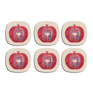 Nargol Pomegranate Coasters – Round Wooden Artistic Drink Protector Set