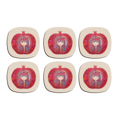 Nargol Pomegranate Coasters – Round Wooden Artistic Drink Protector Set