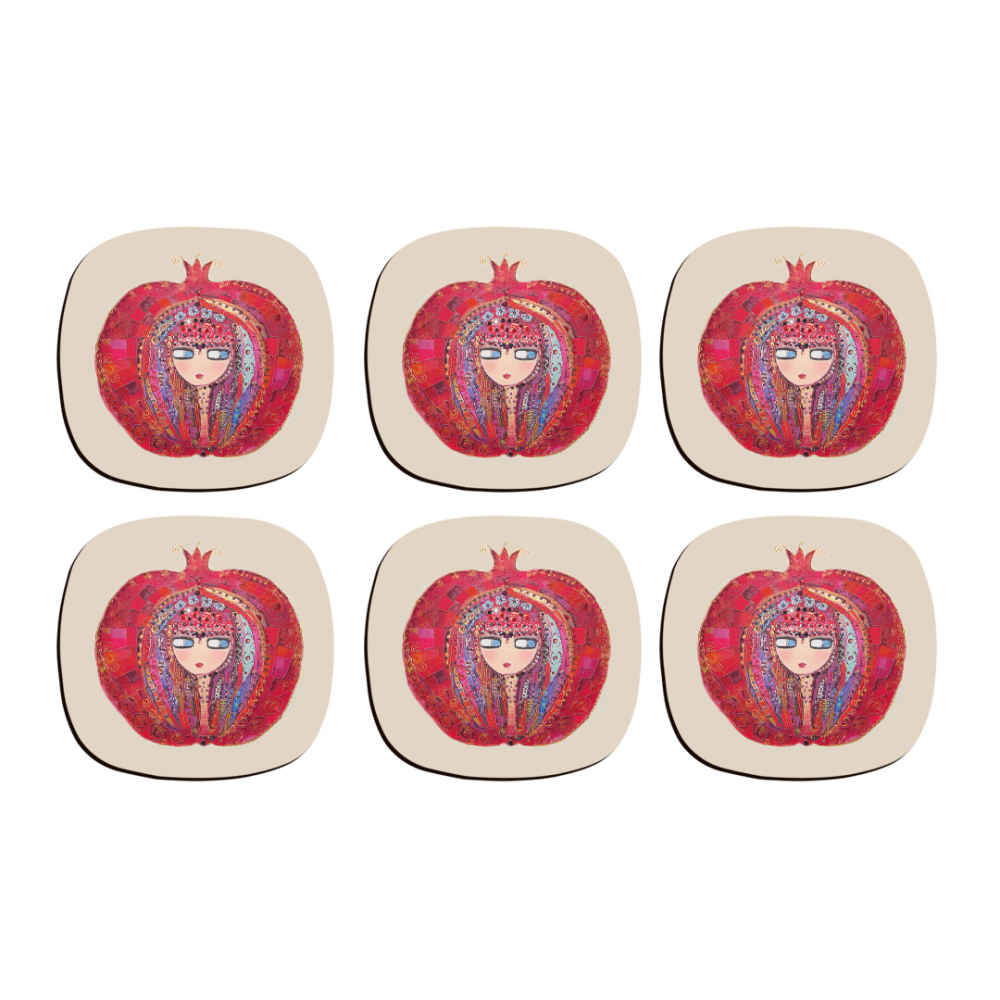 Nargol Pomegranate Coasters – Round Wooden Artistic Drink Protector Set