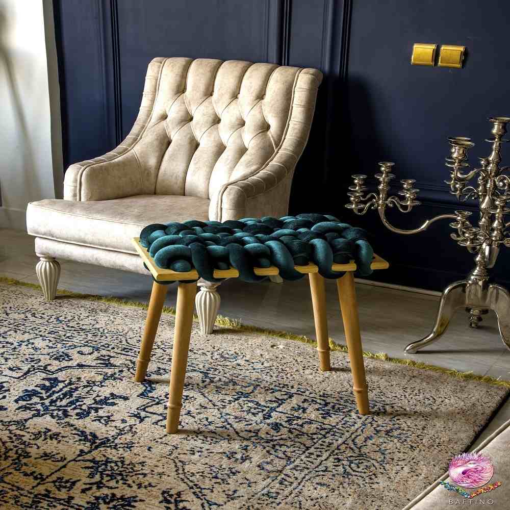 Modern Knitted Legged Footstool Blue Color