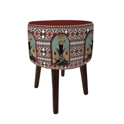 Round Velvet Footstool with Wooden Legs Inspired by Persian Art Maroon Aram