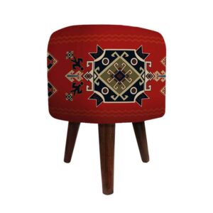 Round Velvet Footstool with Wooden Legs Inspired by Persian Art Red Arsham