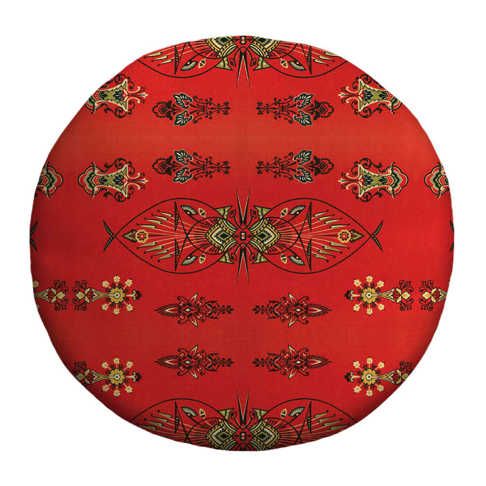Round Velvet Footstool with Wooden Legs Inspired by Persian Art Red Azar