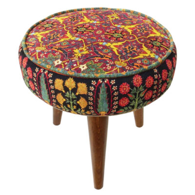 Traditional Persian Footstool with Wooden Legs and Velvet Fabric Baran