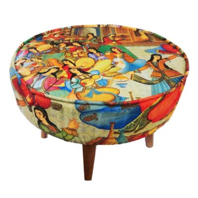 Traditional Persian Footstool with Wooden Legs and Velvet Fabric Pictorial