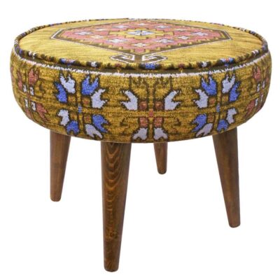 Traditional Persian Footstool with Wooden Legs and Velvet Fabric Diana