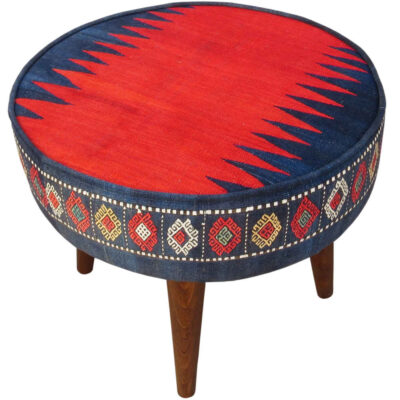 Traditional Red Persian Footstool with Wooden Legs and Velvet Fabric Navy Blue Farsh