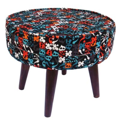 Traditional Persian Footstool with Wooden Legs and Velvet Fabric Blue