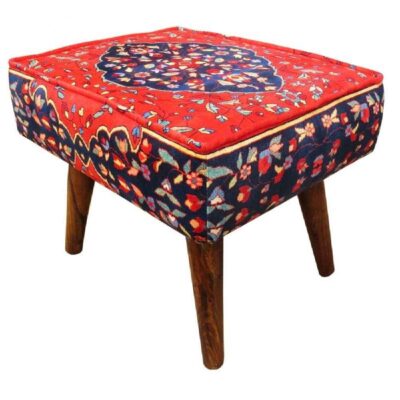 Traditional Red Persian Footstool with Wooden Legs and Velvet Fabric Mona