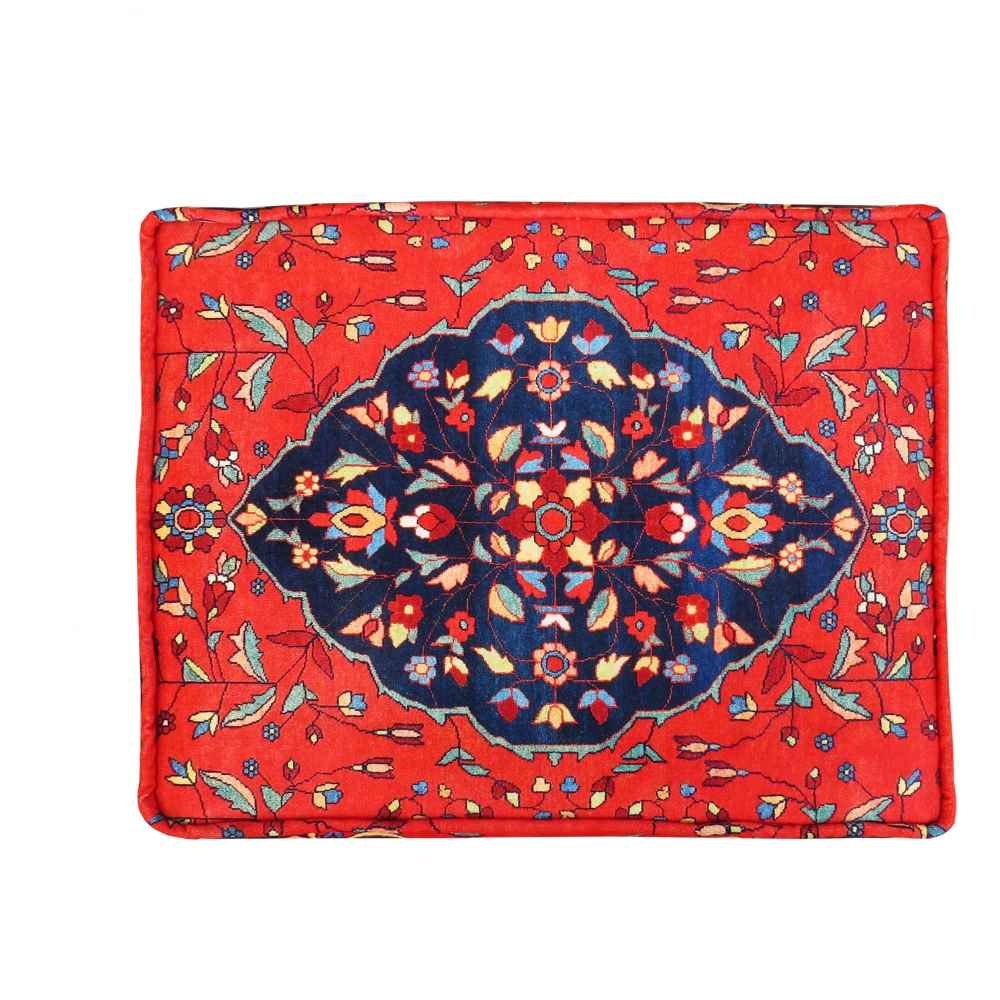 Traditional Red Persian Footstool with Wooden Legs and Velvet Fabric Mona