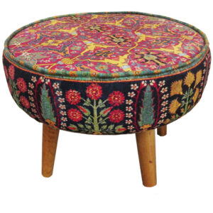 Traditional Red Persian Footstool with Wooden Legs and Velvet Fabric Raya