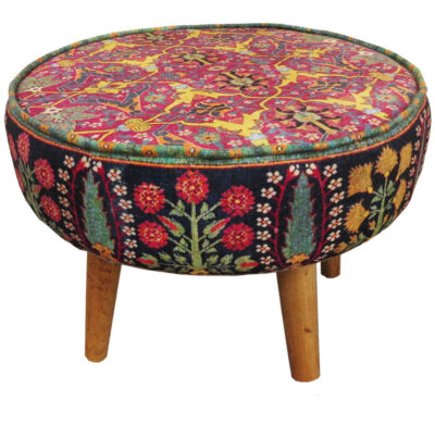 Traditional Red Persian Footstool with Wooden Legs and Velvet Fabric Raya
