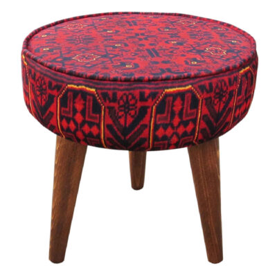 Traditional Red Persian Footstool with Wooden Legs and Velvet Fabric Sorkh