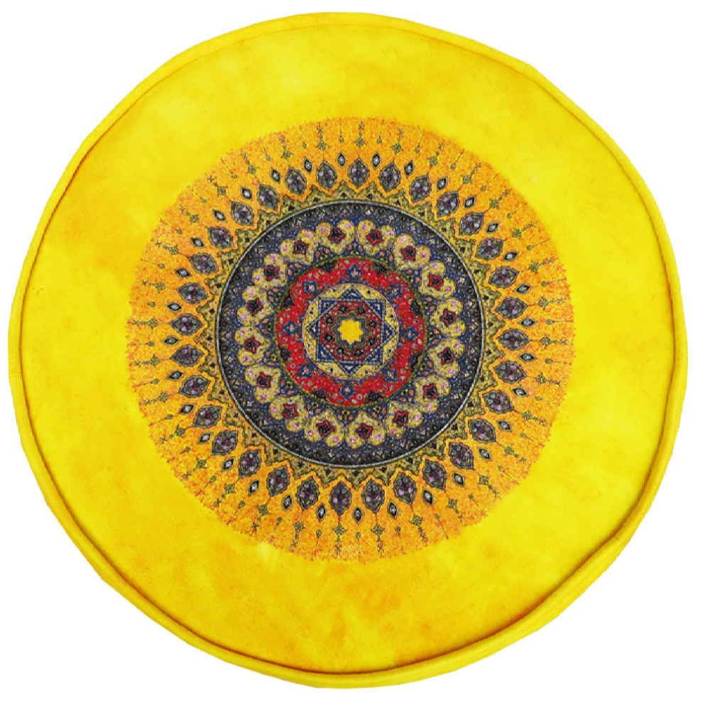 Round Velvet Footstool Inspired by Persian Art Yellow Toranj
