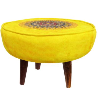 Round Velvet Footstool Inspired by Persian Art Yellow Toranj