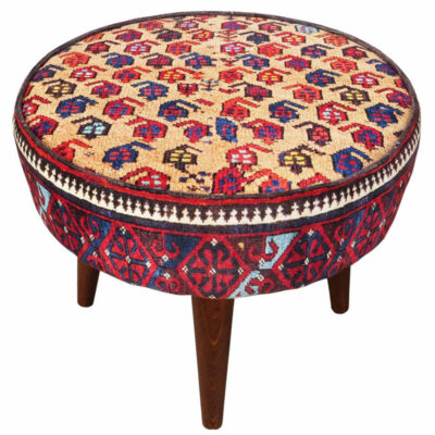 Traditional Red Persian Footstool with Wooden Legs and Velvet Fabric