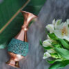 Handcrafted Decorative Persian Inlaid Turquoise Copper Vase, Featuring the Elham Model with an Artistic Geometric Motif