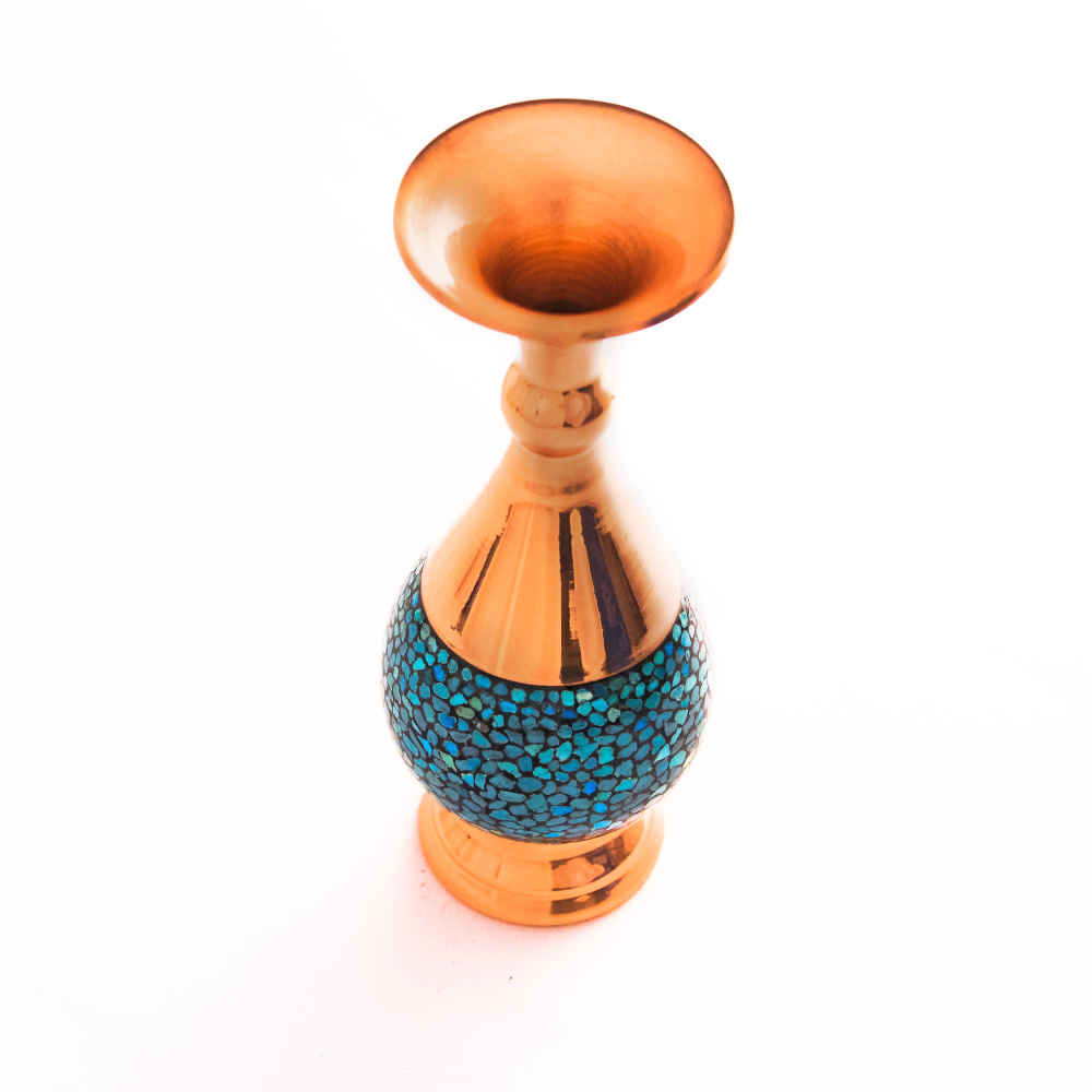 Handcrafted Decorative Persian Inlaid Turquoise Copper Vase, Featuring the Rose Model with a Charming Geometric Design