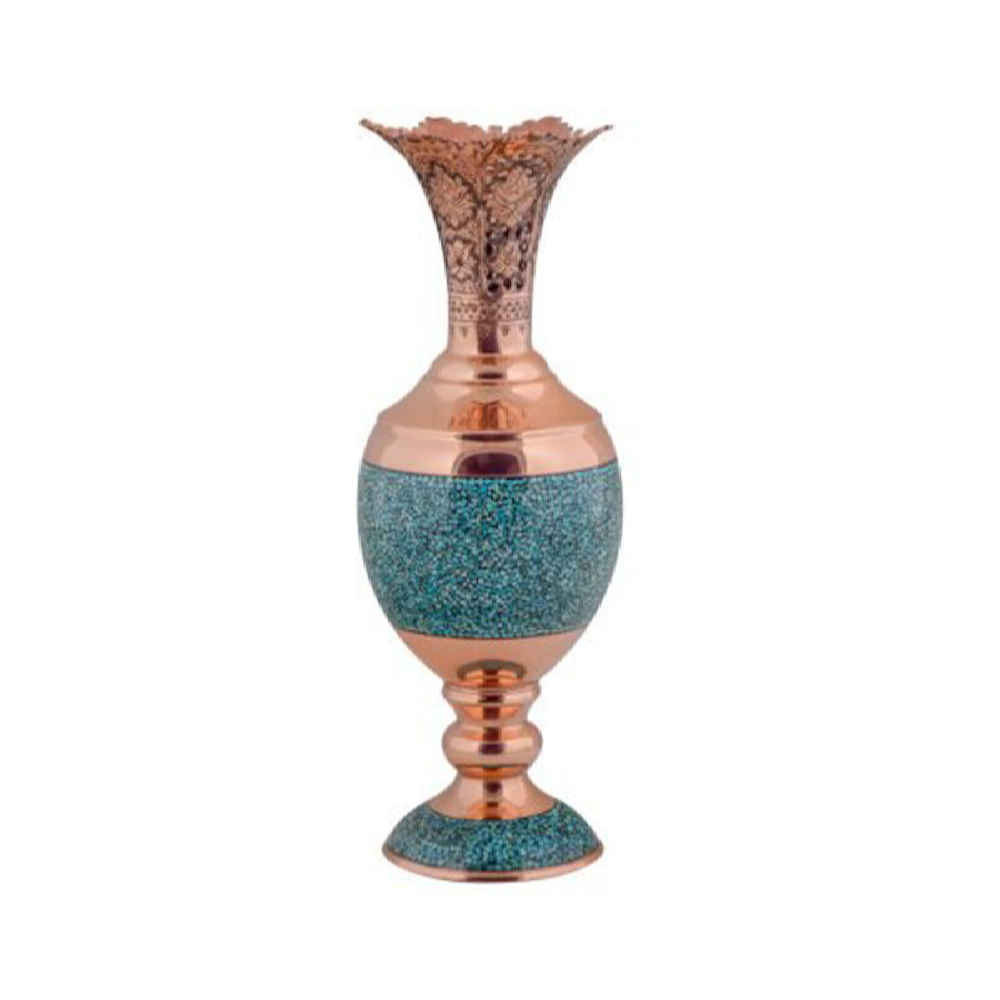 Handcrafted Decorative Persian Inlaid Turquoise Copper Vase, Featuring the Sonbol Model with a Classic Geometric Pattern