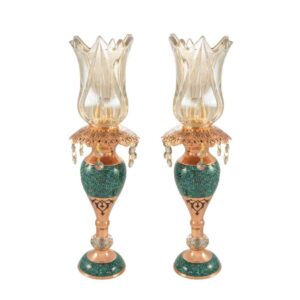 Handcrafted Persian Copper Candlestick – Inlaid Turquoise Design – Helma (2x)