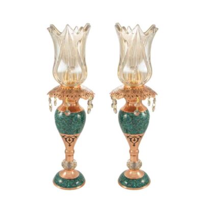 Set of 2 Handcrafted Persian Copper Candlesticks, Turquoise Inlay, Ornate Helma Tulip Design