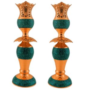 Handcrafted Persian Copper Candlestick – Inlaid Turquoise Design – Razeghi (2x)