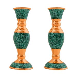 Handcrafted Persian Copper Candlestick – Inlaid Turquoise Design – Sima (2x)