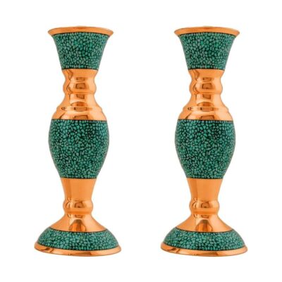 Set of 2 Handcrafted Persian Copper Candlesticks, Turquoise Inlay, Ornate Sima Design