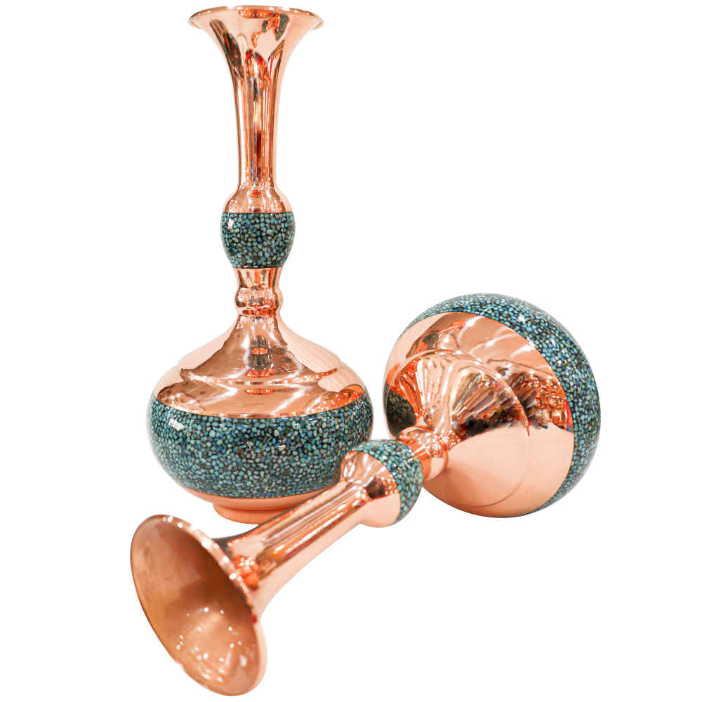 Set of Two Decorative Persian Inlaid Turquoise Copper Vases, Featuring the Shokoh Model with a Stunning Geometric Design