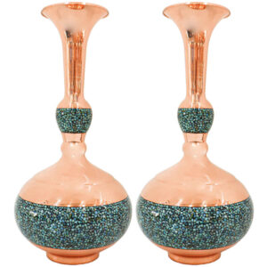 Set of Two Decorative Persian Inlaid Turquoise Copper Vases, Featuring the Shokoh Model with a Stunning Geometric Design