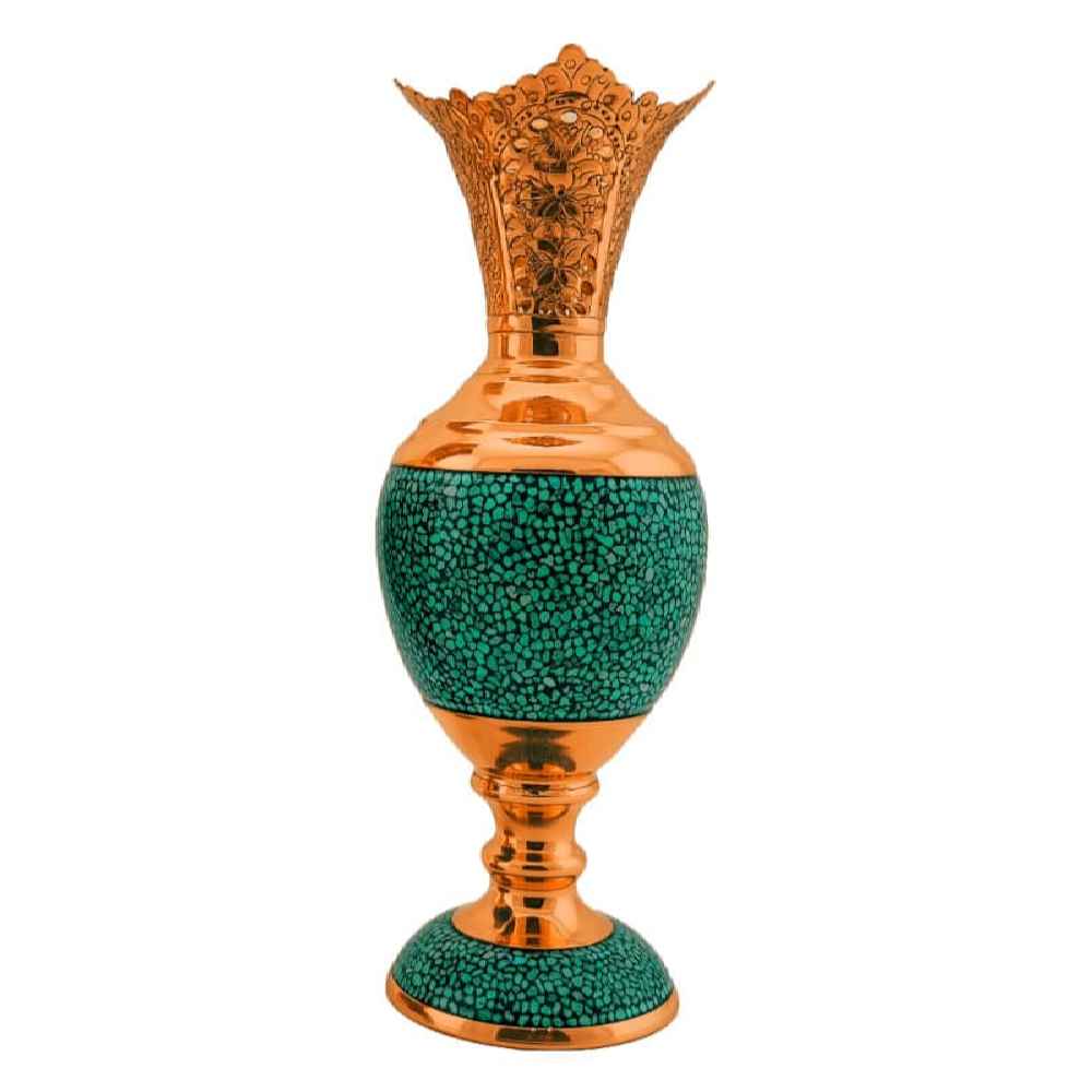 Handcrafted Decorative Persian Inlaid Turquoise Copper Vase, Featuring the Roya Model with a Beautiful Geometric Pattern