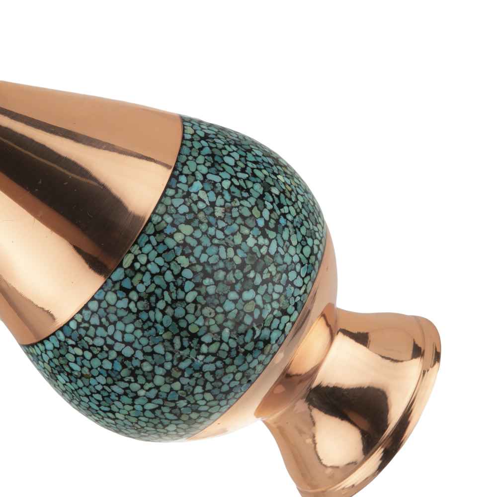 Handcrafted Decorative Persian Inlaid Turquoise Copper Vase, Featuring the Sarv Model with a Stunning Geometric Motif