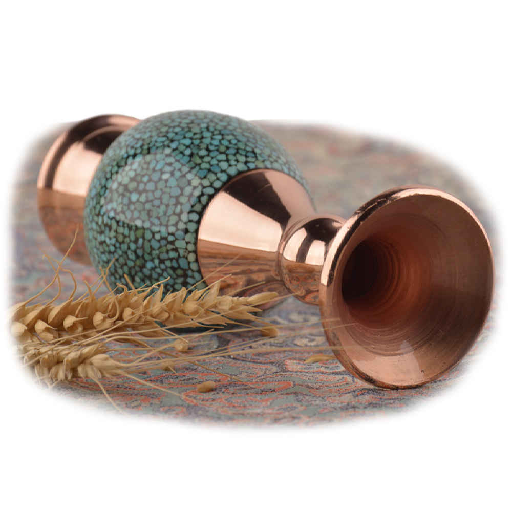 Handcrafted Decorative Persian Inlaid Turquoise Copper Vase, Featuring the Setareh Model with a Traditional Geometric Design
