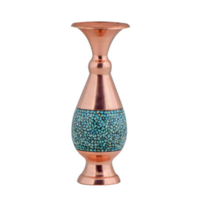 Handcrafted Decorative Persian Inlaid Turquoise Copper Vase, Featuring the Setareh Model with a Traditional Geometric Design