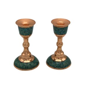 Handcrafted Persian Copper Candlestick – Inlaid Turquoise Design – Laleh (2x)