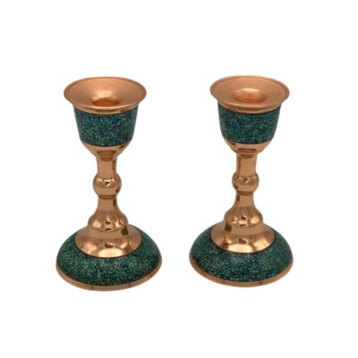 Set of 2 Handcrafted Persian Copper Candlesticks, Turquoise Inlay, Ornate Laleh Design