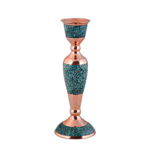 Handcrafted Persian Copper Candlestick – Inlaid Turquoise Design – Sahra