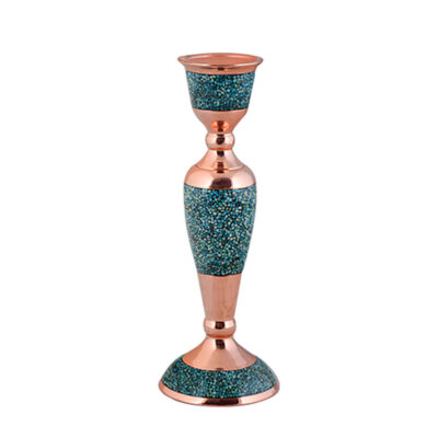 Handcrafted Persian Copper Candlestick, Turquoise Inlay, Ornate Sahra Design
