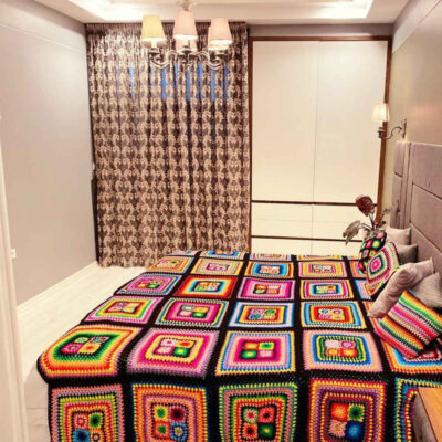 Cotton Crochet Bedspread – Modern Afghan Style Colorful Blanket – Taban