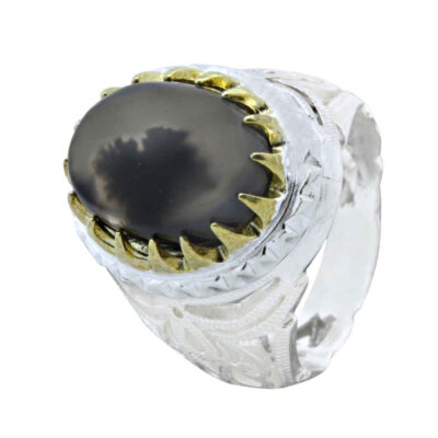 Dendritic Agate Shajar Silver Gemstone Ring for Men – Bahman Model, Traditional Persian Design