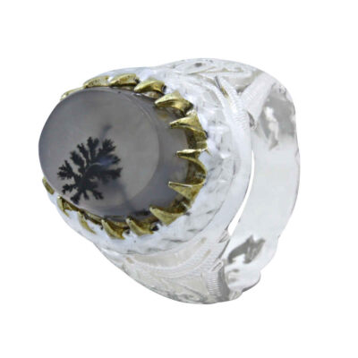 Dendritic Agate Shajar Silver Gemstone Ring for Men – Behzad Model, Traditional Persian Design