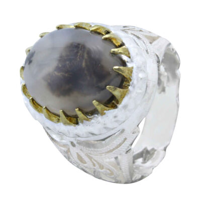 Dendritic Agate Shajar Silver Gemstone Ring for Men – Farhad Model, Traditional Persian Design